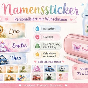 Könnte beinhalten: Eine Sammlung rechteckiger Namenssticker mit verschiedenen Motiven wie Löwe, Einhorn, Polizeiauto und Dinosaurier. Die Sticker zeigen Namen wie Lina, Emilie, Theo, Max und Emma. Ein Etikett gibt die Größe mit 31 x 15 mm an.