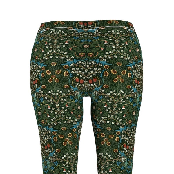 William Morris Blackthorne Leggings - cute floral, classic design, retro, dark green, blue, flower, boho style, casual, comfortable