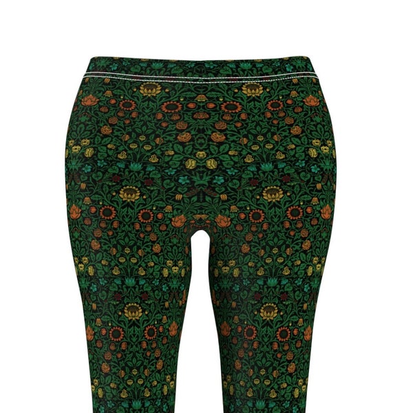 William Morris floral leggings - retro, flowers, green, boho, bohemian, violet, columbine, cottagecore, spandex, soft, casual, great gift