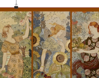 Art Nouveau Four Seasons poster - Eugene Grasset, Deco Craftsman, MCM, mid-century, elegant women, garden, gardener, Quatre Saisons, flowers