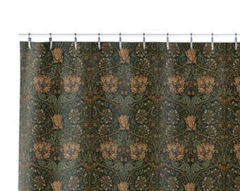 May include: A shower curtain with a repeating pattern of stylized flowers and leaves in shades of green, brown, and gold.