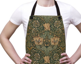 William Morris apron - Honeysuckle, green, brown, gift for Mom, Mother, favorite chef, flowers, floral, roses, cook, housewarming