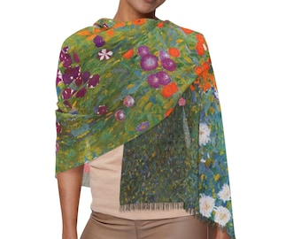 Art nouveau scarf - Klimt, flower garden, lightweight, retro, boho, museum, floral, cottage core, shawl, light wrap, great gift