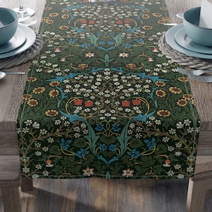 William Morris Blackthorne table runner - MCM, green, flowers, floral, mid-century modern, colonial, craftsman, arts and crafts, retro