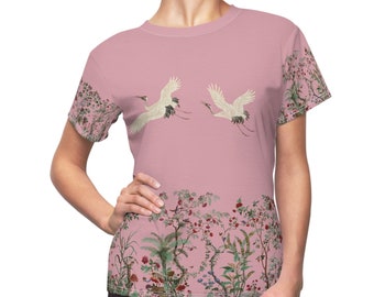 Asian birds shirt, crane, peacock, egret, based on 18th 19th century painting and embroidery, Chinese, Japan, Japanese, floral, flower trees