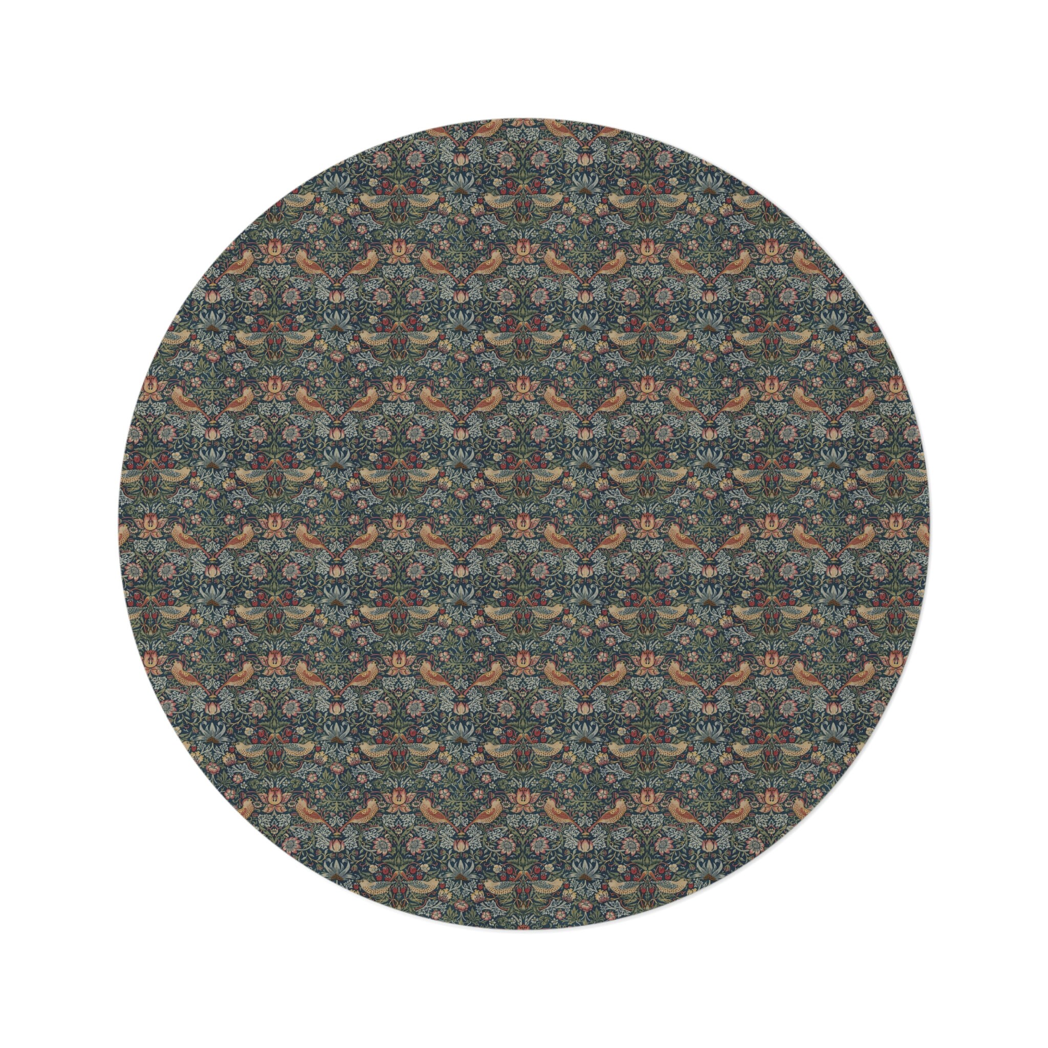 William Morris Round Rug Strawberry Thief, Birds, Plants, Flowers