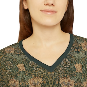 William Morris v-neck shirt - lightweight, spandex, Honeysuckle, prairie, cottagecore, retro, boho, bohemian, fitted, long sleeve, XS-4XL