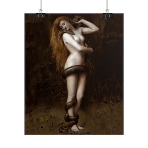 May include: A painting of a woman with long red hair, standing in a forest setting. She is nude and has a large snake wrapped around her waist. The snake is brown and black and has a textured surface.
