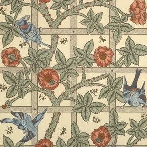 William Morris trellis shower curtain - green with birds, timeless, classic design, elegant, neutral bathroom colors, blue bird, red flowers
