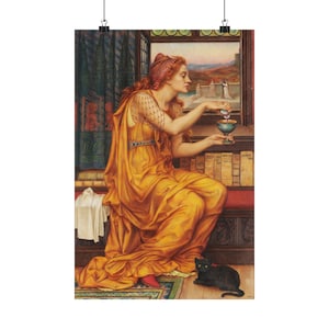 May include: A woman in a yellow robe sits by a window, holding a goblet. She gazes out the window at a couple walking on a bridge. A black cat sits on the floor beside her.