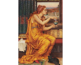 The Love Potion matte poster - poisoner,  sorceress, witch, black cat, Aqua Tofana, Giulana, Italian painting, Evelyn De Morgan, 1903, magic