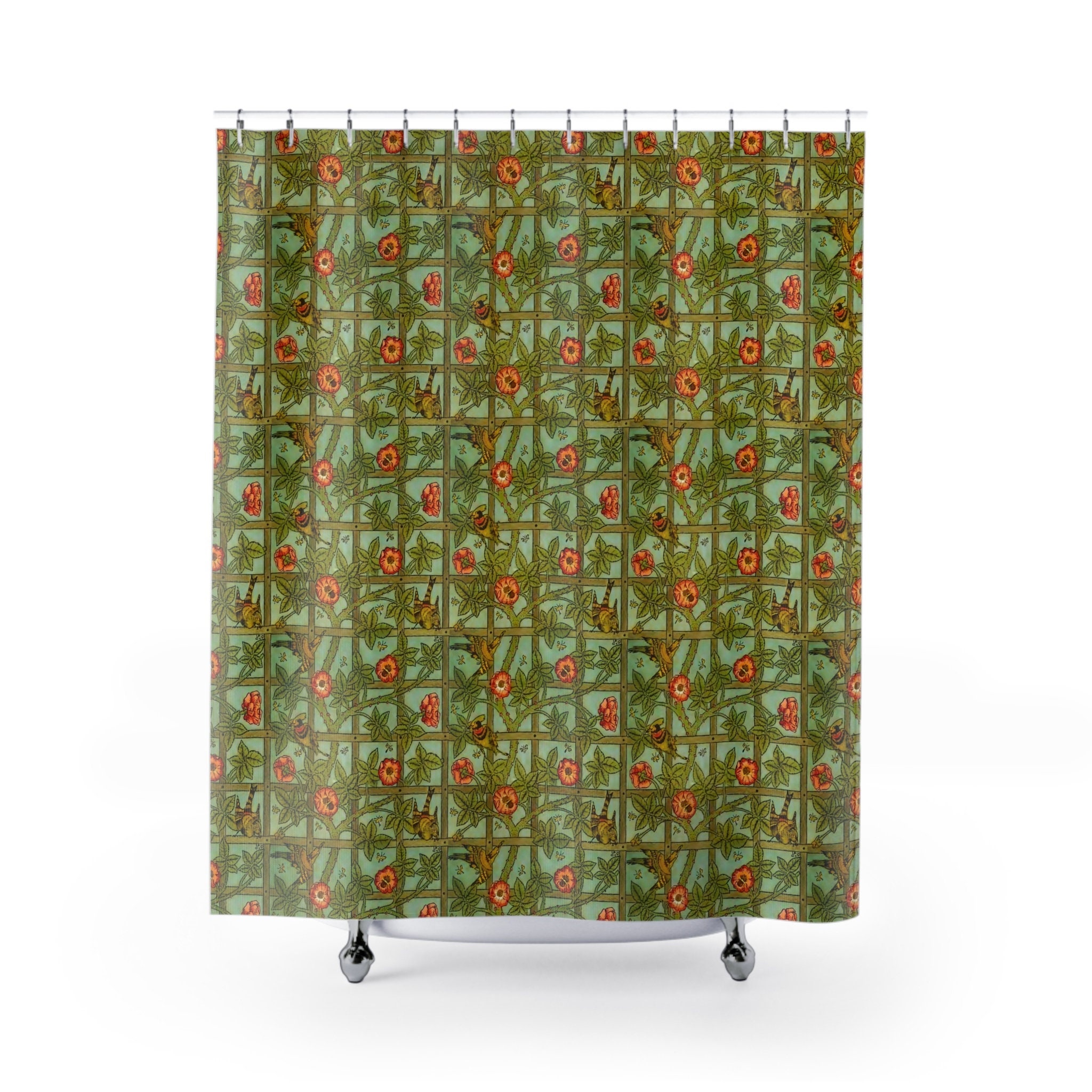 William Morris Trellis Shower Curtain Green With Birds Etsy