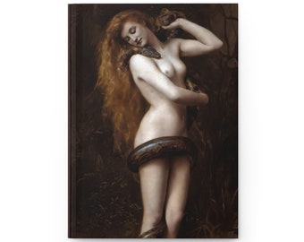 May include: A painting of a woman with long red hair, holding a snake around her waist. She is nude and has a serene expression on her face. The background is a dark forest.