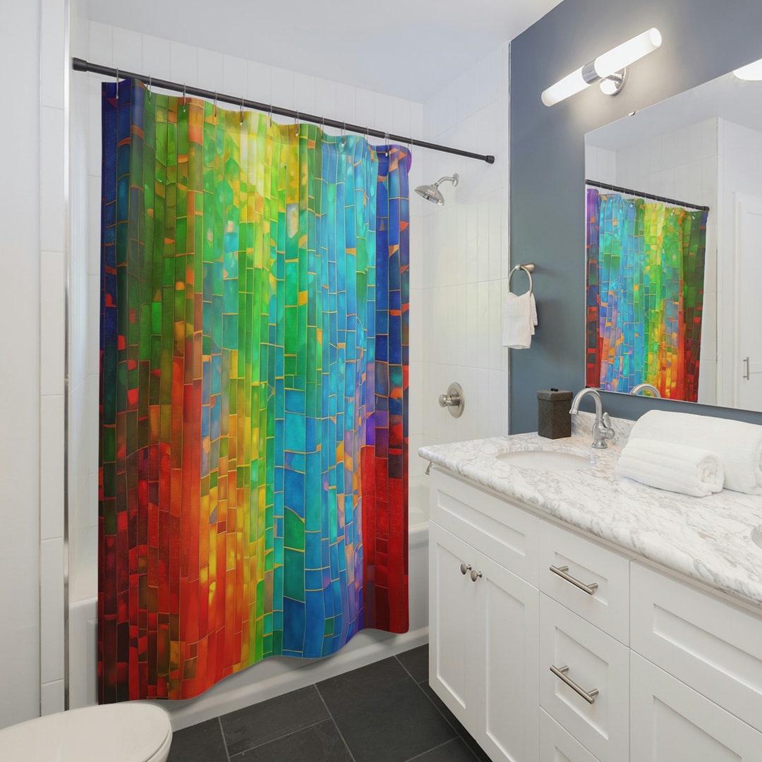 Stained Glass Shower Curtain Colorful Rainbow Evokes Joy, Peace