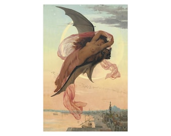 Moonlit Dreams poster by Gabriel Ferrier, sun moon, vampire, 210 gsm satin print, Art Nouveau, dreaming girl, beautiful woman goddess on bat