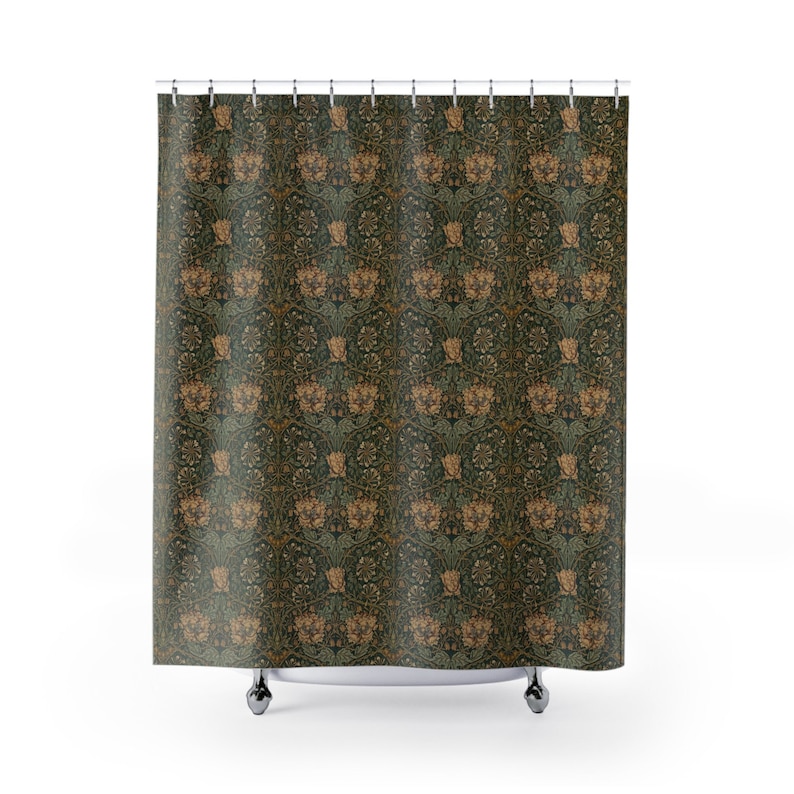 William Morris Honeysuckle shower curtain - green, flowers, retro, craftsman, arts and crafts, boho, mcm, mid-century, floral, classic