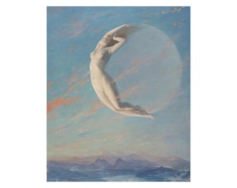 Moon goddess Selene poster by Albert Aublet, sun, witch, 210 gsm satin print, Art Nouveau, dreaming girl, beautiful woman