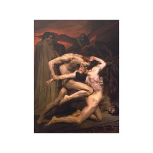 Könnte beinhalten: Ein Gemälde, das eine Szene aus Dantes Inferno darstellt. Drei nackte Figuren befinden sich in einem Kampf, wobei eine Figur der anderen in die Schulter beißt. Die Szene spielt in einer dunklen, feurigen Unterwelt, mit einer schattenhaften Gestalt eines Dämons im Hintergrund.