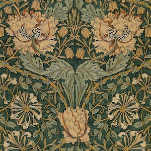 K&ouml;nnte beinhalten: Ein Vintage-Blumentapetenmuster mit einem sich wiederholenden Design aus stilisierten Blumen und Bl&auml;ttern in Gr&uuml;n-, Braun- und Cremet&ouml;nen.