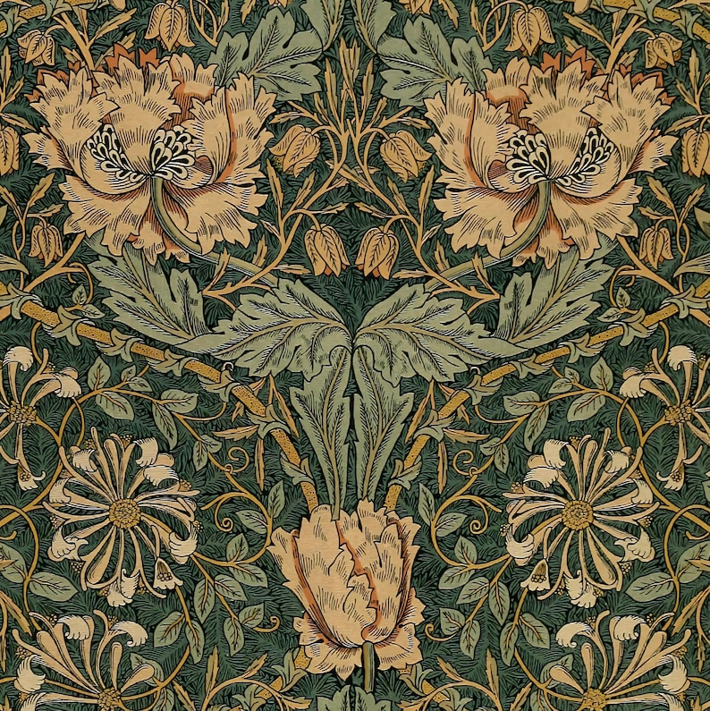 K&ouml;nnte beinhalten: Ein Vintage-Blumentapetenmuster mit einem sich wiederholenden Design aus stilisierten Blumen und Bl&auml;ttern in Gr&uuml;n-, Braun- und Cremet&ouml;nen.