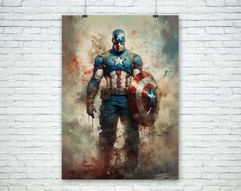 Akvarell Captain America-tryck, Avengers-fankonst (digital nedladdning)