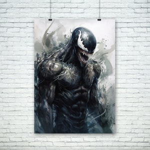 May include: A digital art print featuring a black and white illustration of Venom, a Marvel Comics superhero. The illustration is done in a watercolor style with splashes of color.