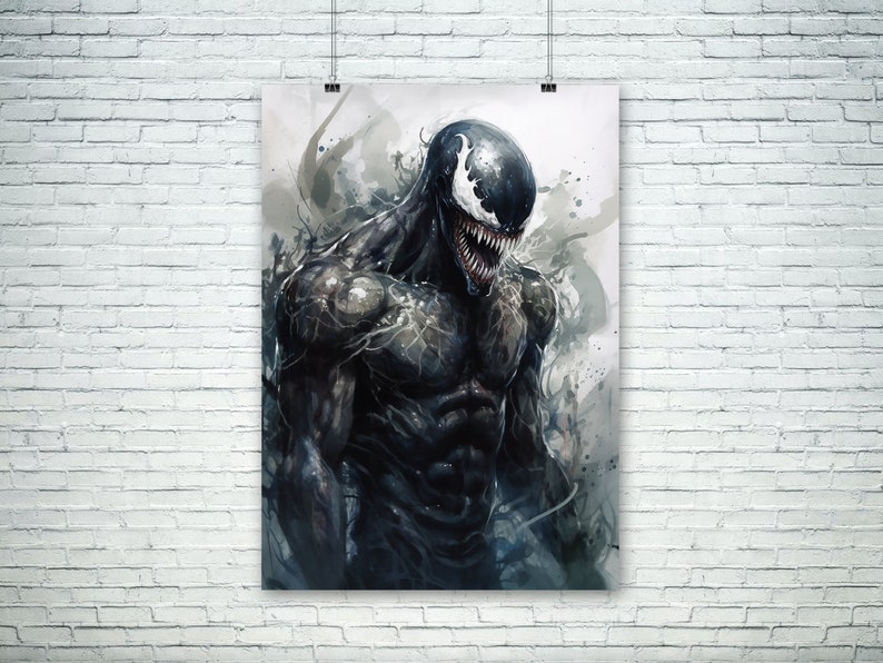 May include: A digital art print featuring a black and white illustration of Venom, a Marvel Comics superhero. The illustration is done in a watercolor style with splashes of color.