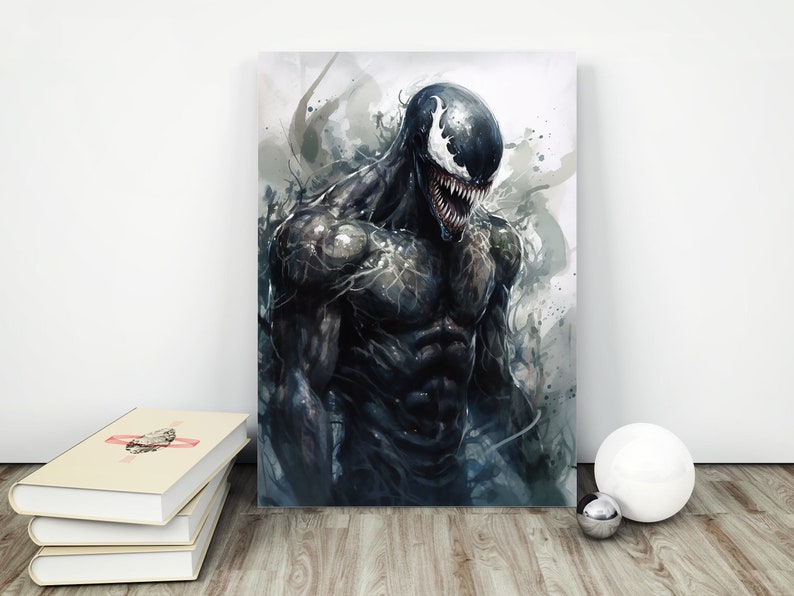 May include: A digital illustration of Venom, a fictional superhero, in a black and gray color scheme. The character is depicted with a menacing expression and sharp teeth. The background is a watercolor-style wash of gray and white.