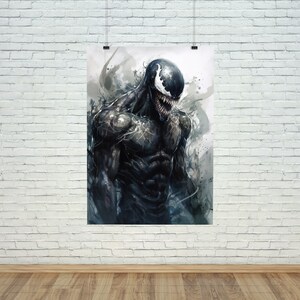 May include: A black and white digital illustration of Venom, a Marvel Comics superhero, with a menacing expression. The background is a blurry, abstract design.