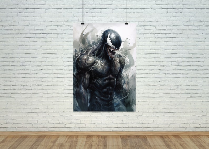 May include: A black and white digital illustration of Venom, a Marvel Comics superhero, with a menacing expression. The background is a blurry, abstract design.