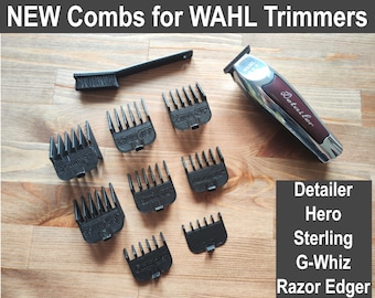 May include: A set of eight black plastic combs for Wahl trimmers, including a cleaning brush. The combs are labeled with different sizes. The trimmers are not included in the image. The text on the trimmers reads "Detailer".