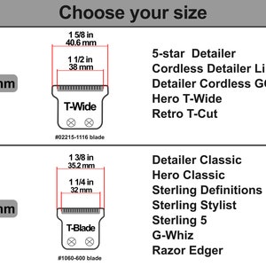May include: Diagram showing two different sizes of trimmer blades. The larger blade is 1 5/8 inches (40.6 mm) wide and the smaller blade is 1 3/8 inches (35.2 mm) wide. The larger blade is labeled "T-Wide" and the smaller blade is labeled "T-Blade". The diagram also lists the compatible trimmers for each blade size.