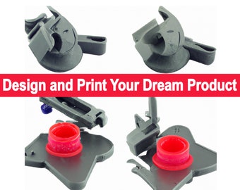 May include: Close-up of a gray plastic part with a red rubber ring. The part has a unique shape and appears to be a component of a larger product.  Design and Print Your Dream Product.