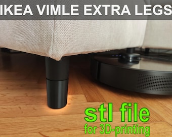 May include: Black extra legs for an IKEA VIMLE sofa. The image shows a close-up of the sofa's underside, with a black leg in focus. The text "stl file for 3D-printing" is visible in green.