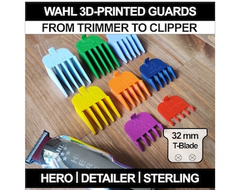 May include: A set of 3D printed Wahl clipper guards in various colors, including blue, green, yellow, orange, red, and purple. The guards are numbered with their corresponding size in millimeters. The text "32 mm T-Blade" is also visible in the image.