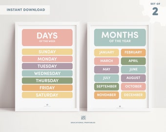 Classroom Decor | Educational Printable Wall Art | Homeschool Decor | Montessori Homeschool Classroom | Set Of 2 Days And Months Posters