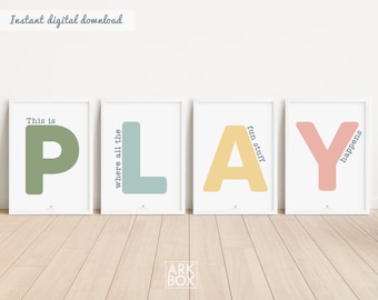 This Is Where The Fun Stuff Happens Set of Playroom Prints Playroom Wall Decor, Nursery Wall Art, Play Sign, Kids Room Decor Let's Play Sign