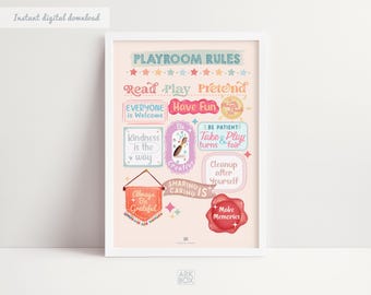 Playroom Rules Decor Printable Wall Art, Kids Room Decor, Shared Room Poster, Boho Colorful Playroom Wall Decor, Pastel Toddler Room Decor