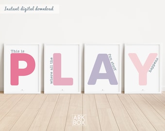 This Is Where The Fun Stuff Happens Set of Playroom Prints Playroom Wall Decor, Nursery Wall Art, Play Sign, Kids Room Decor Let's Play Sign