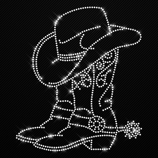 Glitterdeals iron-on picture rhinestone cowboy boots with hat line dance rhinestone motif for ironing on cowgirl iron-on motif western riding rhinestone iron-on patch