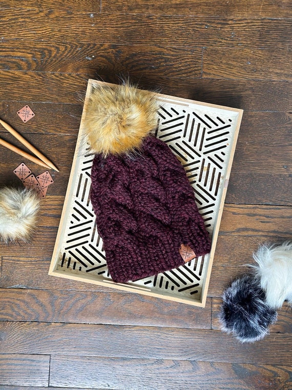 Cable Knit Beanie | Maroon Wool Blend Hat With Faux Fur Pom 