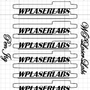 Könnte beinhalten: Ein rasterförmiges Design mit mehreren horizontalen, länglichen Formen mit dem Text "WPLASERLABS" in einer fetten, serifenlosen Schrift. Das Design enthält den Text "Pen Jig" und "WPLaser Labs" in einer Schreibschrift.