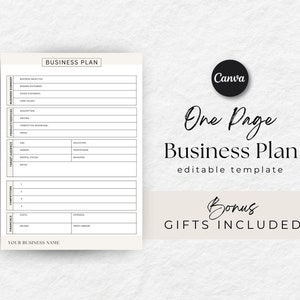 Puede incluir: Una plantilla de plan de negocios imprimible en blanco y negro con el texto "One Page Business Plan" y "plantilla editable". La plantilla incluye secciones para productos/servicios, público objetivo, competidores y finanzas.