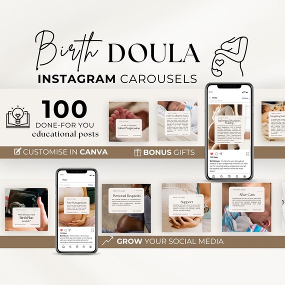 Doula Instagram Posts, Birth Doula Instagram Template, Childbirth Education, Prenatal Social Media, Midwife Content, Canva Template