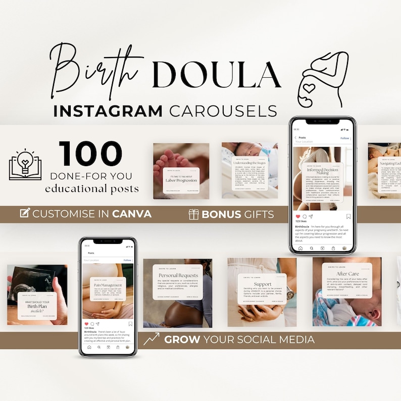 Doula Instagram Posts, Birth Doula Instagram Template, Childbirth Education, Prenatal Social Media, Midwife Content, Canva Template image 1