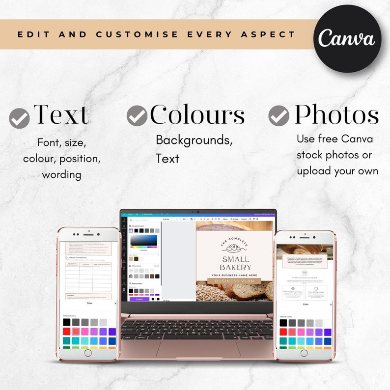 May include: A laptop, a phone, and a tablet displaying a Canva design template for a small bakery business plan. The template features a logo, text, and a photo of bread. The design is customizable with text, colors, and photos.