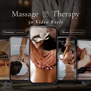 Peut inclure: Une mosa&iuml;que de cinq &eacute;crans de smartphone pr&eacute;sentant des services de massage th&eacute;rapeutique. Les &eacute;crans pr&eacute;sentent des images de techniques de massage, du texte sur la r&eacute;servation de rendez-vous et des informations sur le massage &agrave; pression l&eacute;g&egrave;re, les liftings naturels du visage et les conseils d'apr&egrave;s-massage.