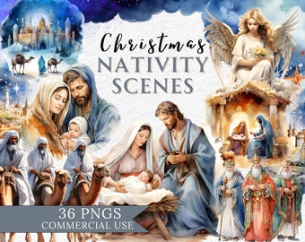 Watercolour Nativity Scene Clipart, Christian Religious PNG, Bible Clipart, Traditional Christmas Sublimation Designs, Festive Holiday Card