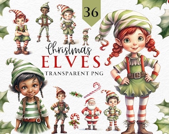 Watercolor Christmas Elves Clipart PNG Digital Download | Dark Skin Elves Clipart | Red and Green Festive Graphics | Transparent Background