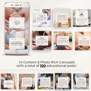 May include: A phone screen displaying 14 different Instagram carousel posts with a total of 100 educational posts about hypnobirthing. The posts include tips for a natural birth, staying active and healthy during pregnancy, creating a supportive birth environment, hiring a doula, key principles of hypnobirthing, practice techniques, comfort measures for labor, massage techniques, personalized comfort tools, your doula, and birth team communication.